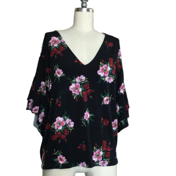 NWT NEW Express Large Black Floral Ruffle Flutter‎ Sleeve V Neck Blouse - Picture 6 of 16